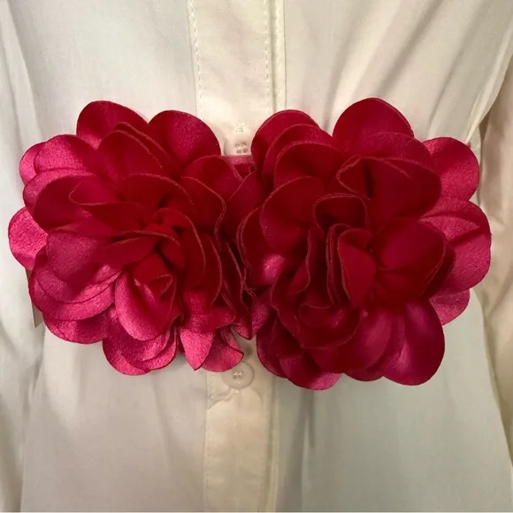 Fuchsia statement satin double flower wide elastic waistband belt - Picture 1 of 9